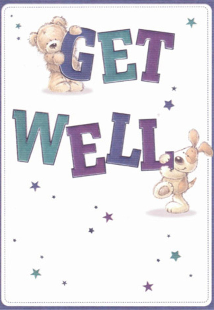 This get well card is alive with cheerful encouragement, brought to life by the animated illustrations of a sweet bear and a friendly puppy. Their posture-one balancing the letter 'G,' the other curling beneath 'WELL'-creates a sense of shared purpose and playful companionship, much like the camaraderie found in South Wimbledon's bustling cafes. The large, confident letters in hues of purple and aqua ground the artwork with reassurance, while starbursts scattered throughout add a sense of magic, evoking the fresh beginnings seen in local flower markets. The background's whiteness feels rejuvenating, similar to a breath of fresh Wimbledon air after a rain. As a florist deeply rooted in the South Wimbledon community, I'm struck by how the careful rendering of their textures-the bear's fuzzy coat, the puppy's soft ears-conveys tactile comfort, reminiscent of arranging a bouquet to lift a friend's spirits. This card, paired with blooms from Flowers South Wimbledon, would deliver just the right blend of comfort and hope, whether sent to a close friend or neighbour on the mend.